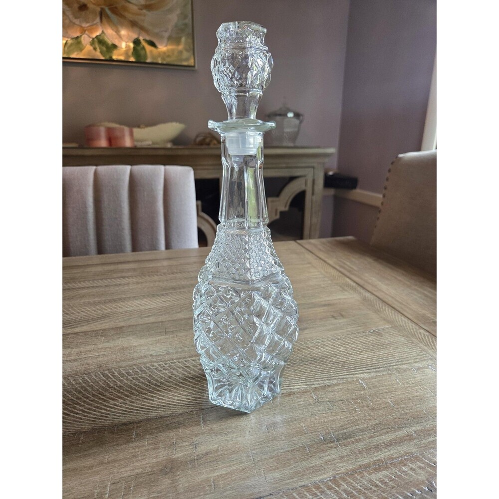 Vtg Pressed Glass Decanter Bottle with Stopper Elegant Diamond Cut Home Decor